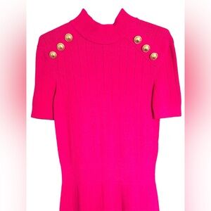 Balmain Bright Pink Knit Mini Sweater Dress with Gold Zipper and Button Sz 2
